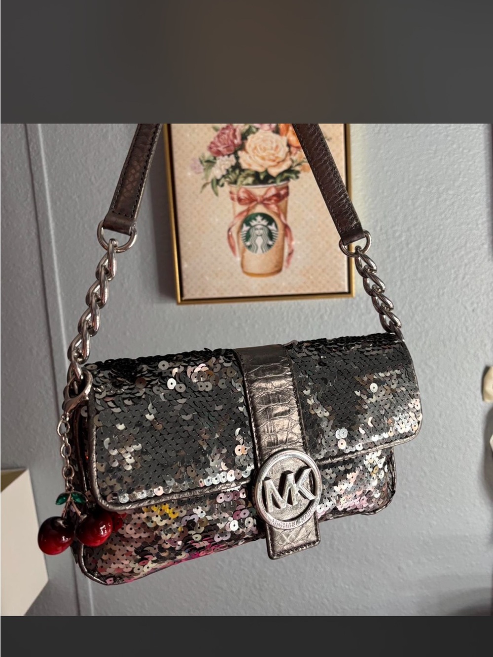 Michael Kors Silver Sequin Mini Shoulder Bag with MK Logo